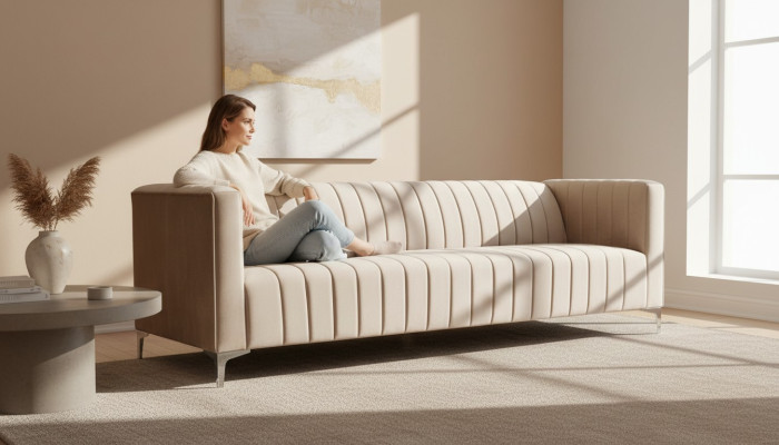 Beige Dreisitzer Stoff Wohnzimmer Design Couchen Polster Sofa Sofas Beige Samt