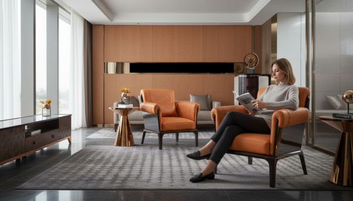 Sessel Orange Leder Stuhl Lehn Modern Design Möbel Luxus Wohnzimmer Holz Neu