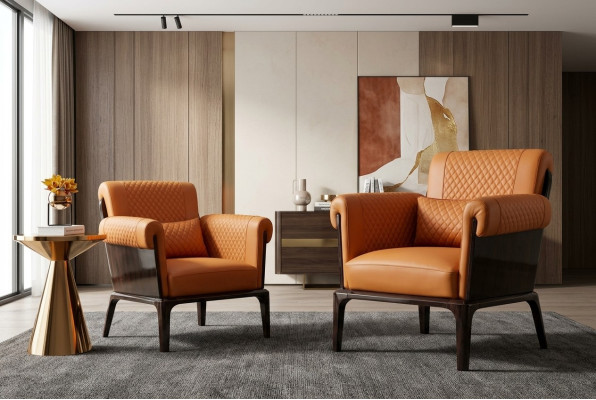 Sessel Orange Leder Stuhl Lehn Modern Design Möbel Luxus Wohnzimmer Holz Neu