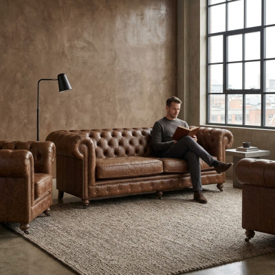 Antik Stil Chesterfield Sofagarnitur Couch Polster Garnitur Garnituren Ledersofa