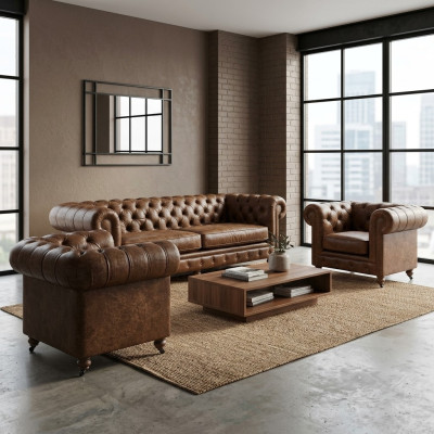 Antik Stil Chesterfield Sofagarnitur Couch Polster Garnitur Garnituren Ledersofa