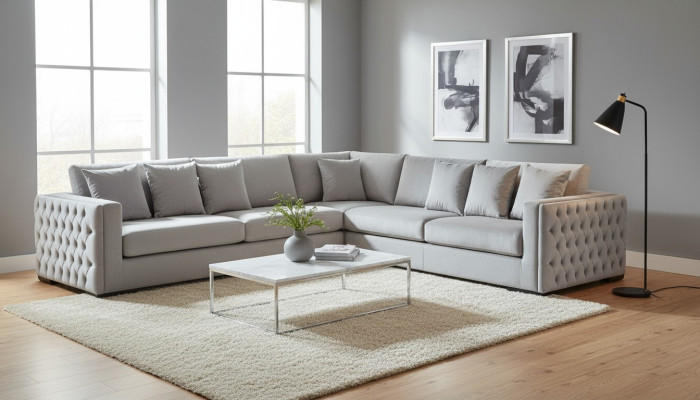 Ecksofa Silber Couch Eckgarnitur Polster Wohnlandschaft Samt Stoff Möbel Design