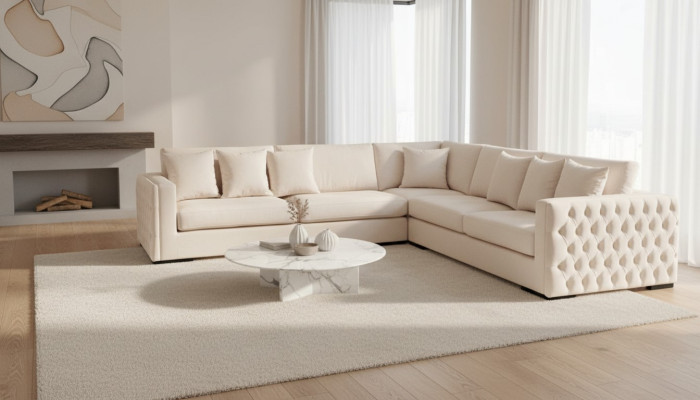 Ecksofa Beige Wohnzimmer Couch Eckgarnitur Polster Samt Möbel Design Stoff Neu