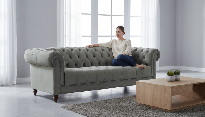 Salbeigrün Dreisitzer Stoff Wohnzimmer Design Polster Sofa Sofas Chesterfield