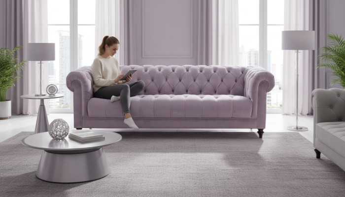 Lila Dreisitzer Stoff Chesterfield Design Couchen Polster Sofas Original Samt
