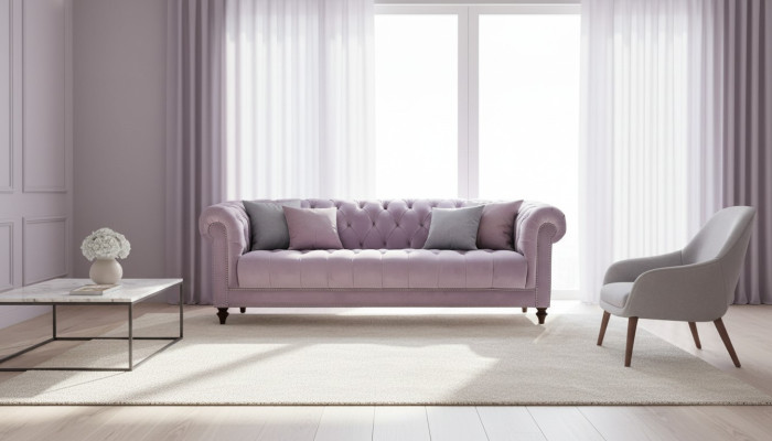 Lila Dreisitzer Stoff Chesterfield Design Couchen Polster Sofas Original Samt