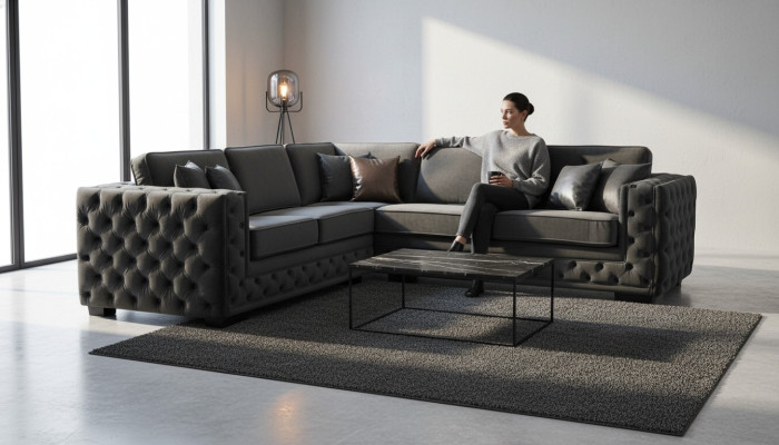 Taupe Grau Ecksofa Chesterfield Samt Möbel Neu Wohnzimmer Modern Design Sofa