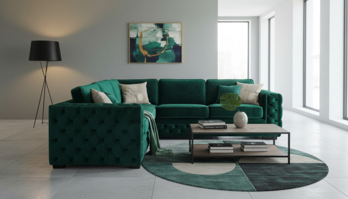 Grüne Ecksofa Chesterfield Wohnzimmer Modern Design Sofa Möbel Samt Eckgarnitur