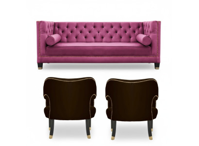 Rosa Chesterfield 2Sessel Schwarz Textil Modern Design Luxus Möbel Sofa Set Neu