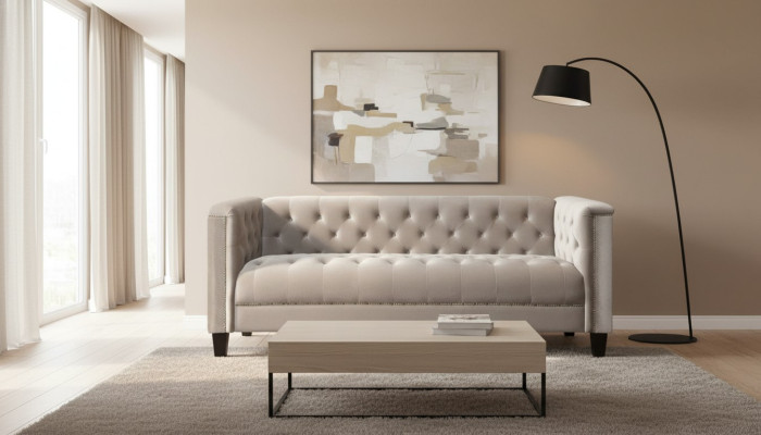 Hellgrau Dreisitzer Textil Chesterfield Wohnzimmer Modern Design Couchen Sofa