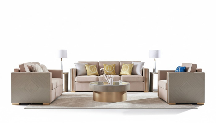 Designer Couch Sitz Polster 3+1 Sitzer Beige Edelstahl Garnitur Sofa Samt Neu
