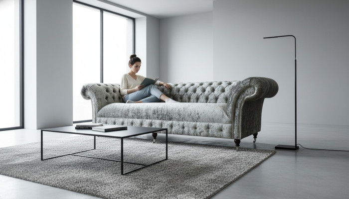Chesterfield Polster Couch Stoff Couchen Sofa Sitz Garnitur Samt Silber 4 Sitz