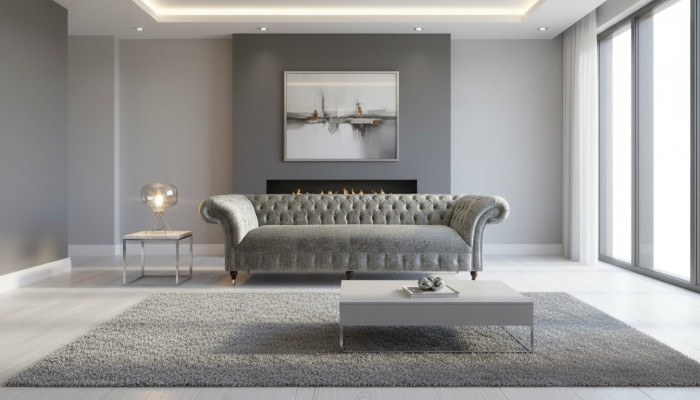 Chesterfield Polster Couch Stoff Couchen Sofa Sitz Garnitur Samt Silber 4 Sitz