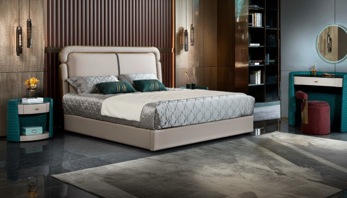 Bett 2x Nachttisch Beige Schlafzimmer Modern Design Möbel Holz Luxus