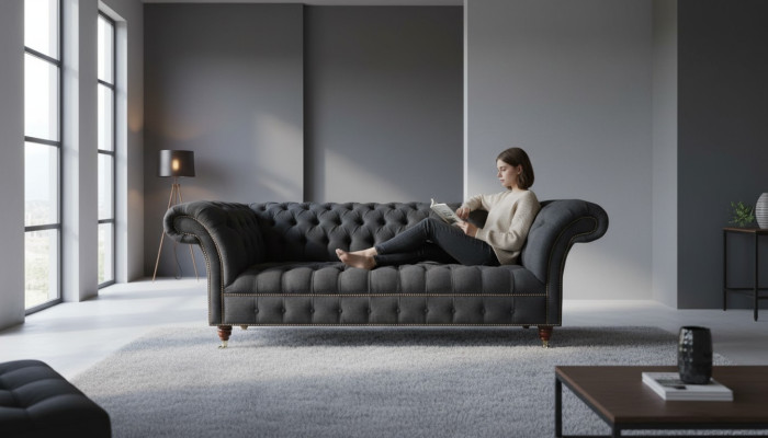 Chesterfield 3 Sitz Textil Dunkelgrau Modern Design Couchen Sofa Möbel Designer