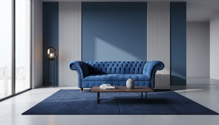 Chesterfield 3 Sitzer Blau Design Couchen Polster Sofas Samt Stoff Textil Luxus