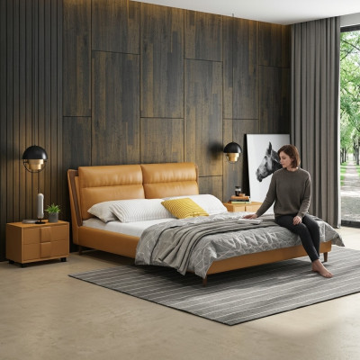 Design Leder Bett Luxus Polster Betten Doppel Schlafzimmer 180x200 Orange Möbel