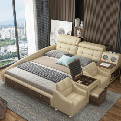 Lederbett Betten Polster Doppel Multifunktion 180x200 Leder Bettgestell Design
