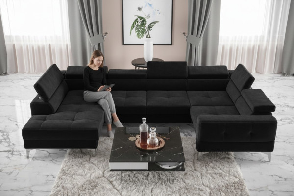 Modern Luxus Automatik Ecksofa Stoff U-Form Couch Textil Schwarz Elegant Neu