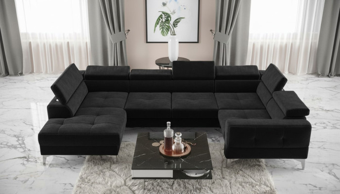 Modern Luxus Automatik Ecksofa Stoff U-Form Couch Textil Schwarz Elegant Neu