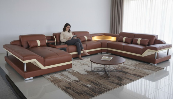 Wohnlandschaft U-Form Cream Braun Ecksofa Leder Sofa Couch Polster Eck Sitz Neu