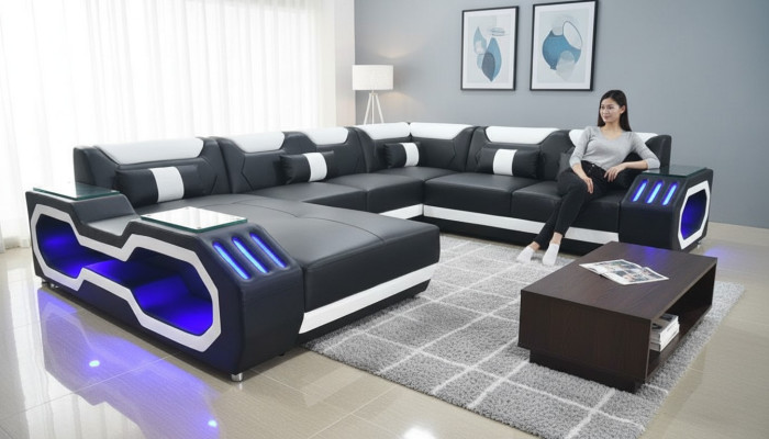 Ecksofa U-Form Wohnlandschaft Sofa Couch Polster Ecke Stoff Sofas Leder