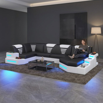 Eck Sofa Couch Polster Ecke Leder Couchen Wohnlandschaft U Form +LED