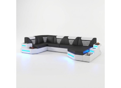 Eck Sofa Couch Polster Ecke Leder Couchen Wohnlandschaft U Form +LED