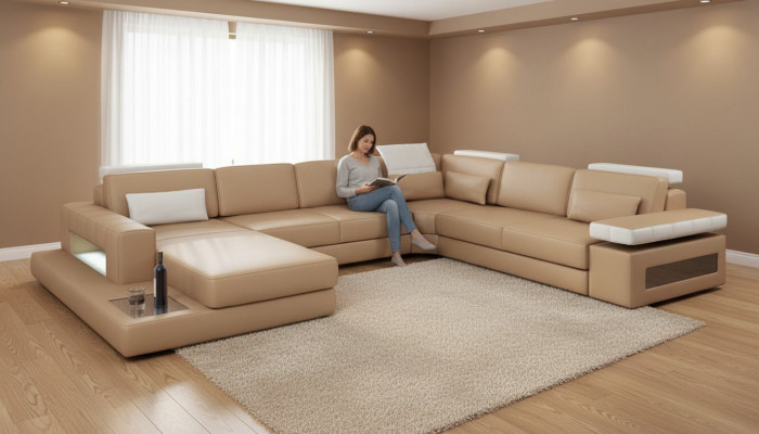 Wohnlandschaft Ecksofa Couch Hellbraun Leder Polster Sitz Ecke Sofa U Form Sofas