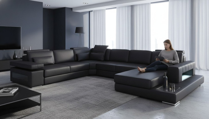 Wohnlandschaft Bettfunktion Leder Ecksofa U-Form Sofa Couch Textil Sofas Design