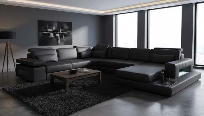 Wohnlandschaft Bettfunktion Leder Ecksofa U-Form Sofa Couch Textil Sofas Design