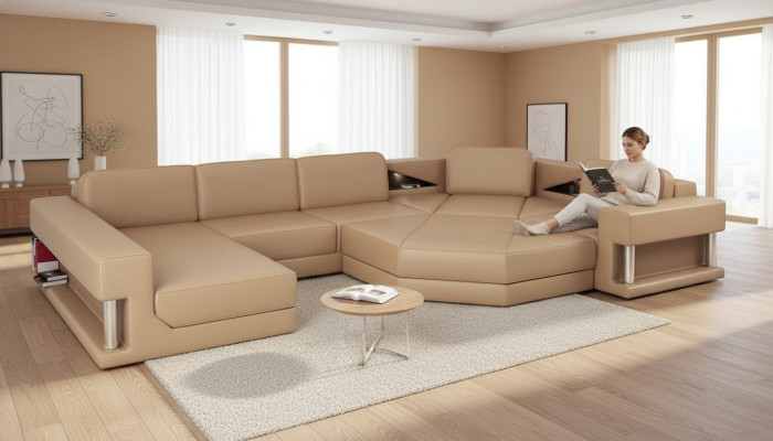 Wohnlandschaft Design Modern Sofa Ecksofa Sofa U-Form Ledersofa Couch Textil Neu