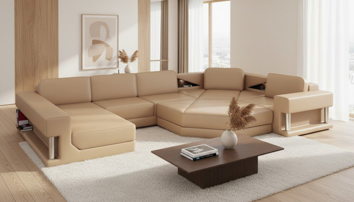 Wohnlandschaft Design Modern Sofa Ecksofa Sofa U-Form Ledersofa Couch Textil Neu