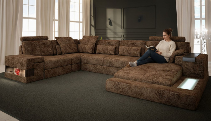 Ecksofa U-Form Sofa Couch Design Couch Textil Wohnlandschaft Bettfunktion Stoff