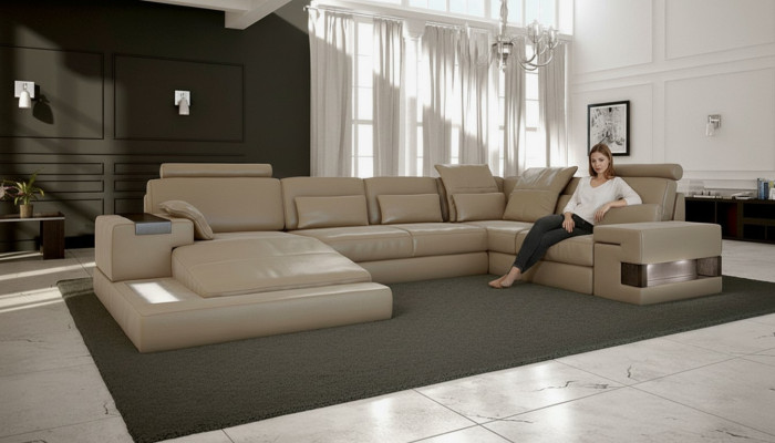Wohnlandschaft Leder Design Ecksofa U-form Sofa Bettfunktion Couch Textil Sofas