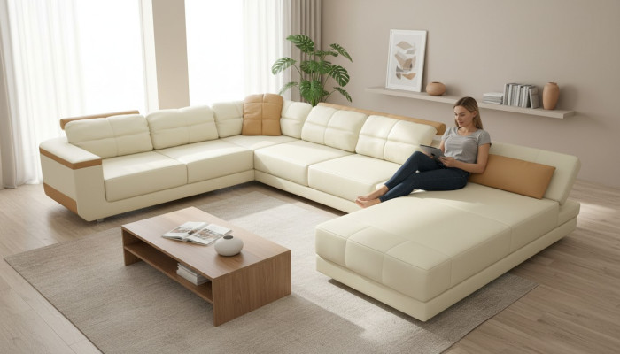 Designer Leder Stoff Sitz Modernes Ecksofa UForm Wohnzimmer Design Couch Polster