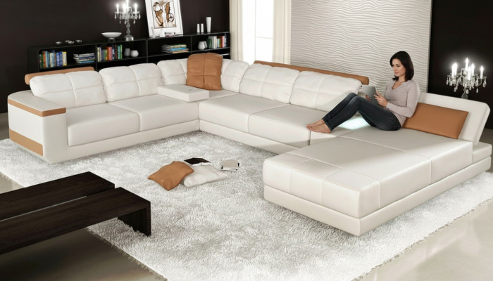 Ecksofa U-Form Sofa Couch Textil Sofas Design Wohnlandschaft Bettfunktion Leder