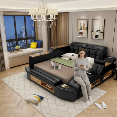 Design Leder Betten Hotel Doppel Multifunktions Bett Bluetooth Boxen Luxus