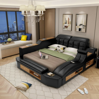 Design Leder Betten Hotel Doppel Multifunktions Bett Bluetooth Boxen Luxus