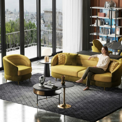 Design Couch Lounge Sofas Samt Sofagarnitur 3+1 Sitzer Sofa Wohnlandschaft gelb