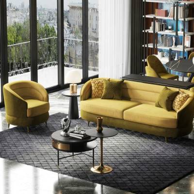 Design Couch Lounge Sofas Samt Sofagarnitur 3+1 Sitzer Sofa Wohnlandschaft gelb