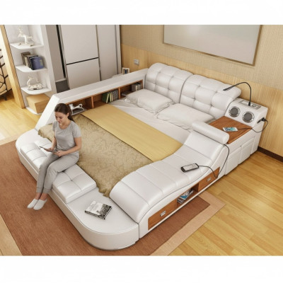 Doppel Luxus Leder Bett + USB Polster Betten Moderne Hotel Multifunktion 