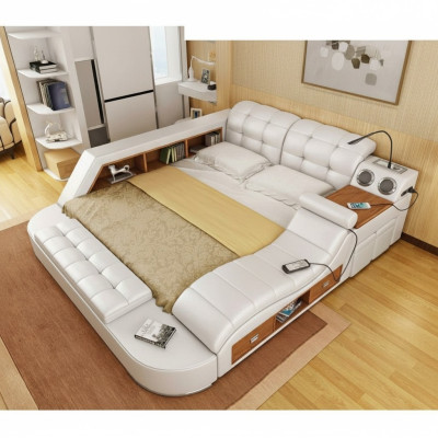 Doppel Luxus Leder Bett + USB Polster Betten Moderne Hotel Multifunktion 