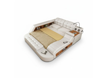 Doppel Luxus Leder Bett + USB Polster Betten Moderne Hotel Multifunktion 