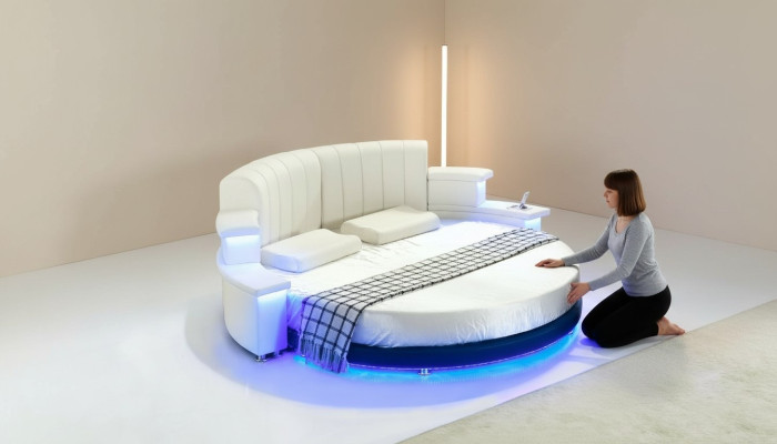 Rund Bett Möbel Polster Betten Schlafzimmer Möbel Lederbett LED