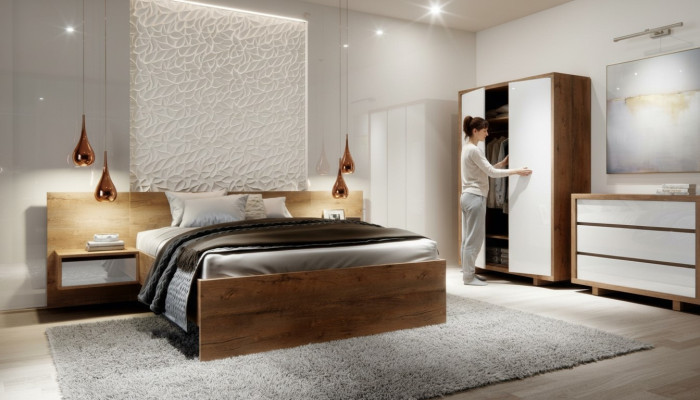 Komplettes Schlafzimmer Set Bett Nachttisch Kleiderschrank Kommode Design 5 tlg.