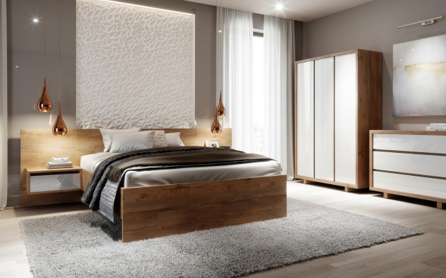 Komplettes Schlafzimmer Set Bett Nachttisch Kleiderschrank Kommode Design 5 tlg.
