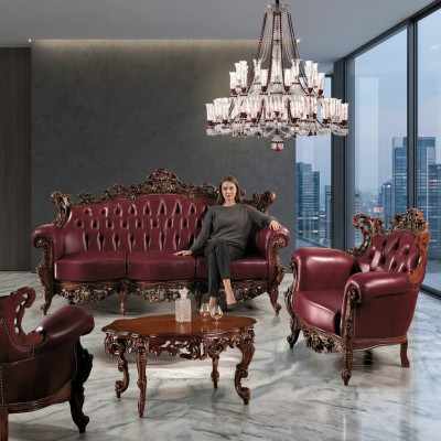 Luxus Möbel Sofagarnitur Couch Sofa Polster 3 + 1 Sitzer Couchtisch Holz 3tlg.