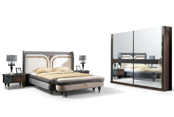 Garnitur Schlafzimmer Bett Nachttisch Kleiderschrank Hocker Luxus Design 5tlg