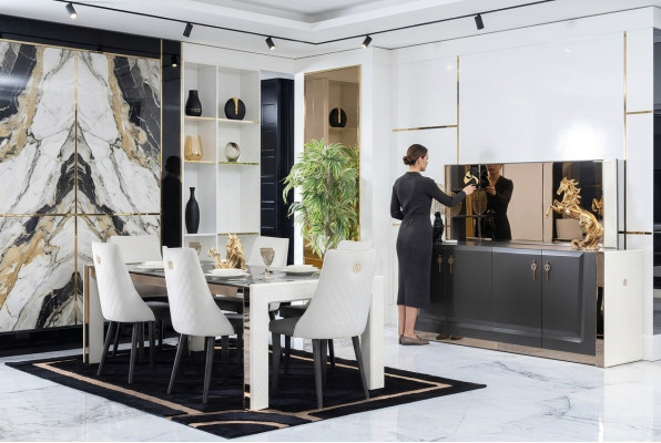 Esszimmer Garnitur Tisch 6x Stuhl Kommode Spiegel Italienischer Stil Gruppe Neu
